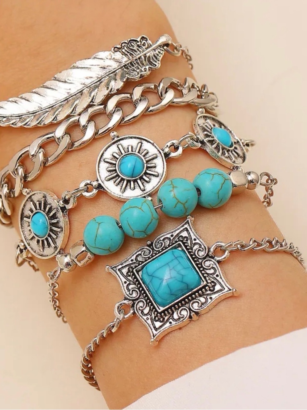 5 Boho Turquoise Beaded Multi-Layer Bracelet Set - Silver Tone